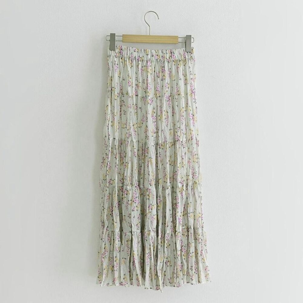 Pastel Mint Green Floral Tiered Midi Skirt - Picture 2 of 4